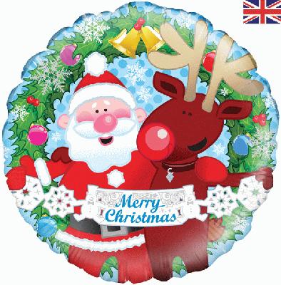18 Foil Balloon - Merry Christmas - Santa & Rudolf Image