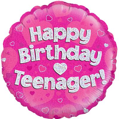 18 Foil Balloon - Pink Happy Birthday Teenager Holographic