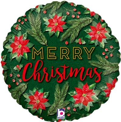 18 Foil Balloon - Merry Christmas - Green with Poinsettia Image